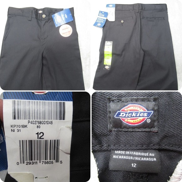 Dickies Pants Boys 12 Black Flex Slim Fit Straight Flat Front Khaki Zip 26x26‎ - Picture 1 of 16